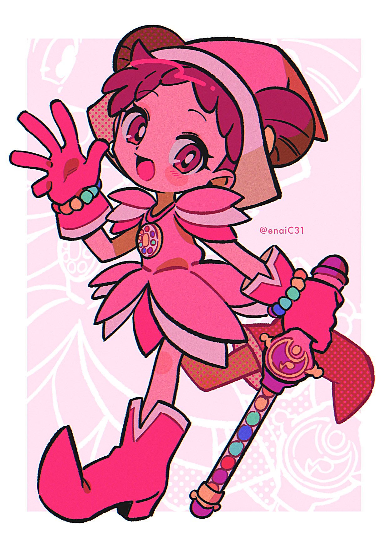 1girl :d blush double_bun dress full_body gloves hair_bun hand_up harukaze_doremi hat highres holding holding_wand looking_at_viewer magical_girl menma_(enaic31) ojamajo_doremi open_hand open_mouth pink_dress pink_eyes pink_footwear pink_gloves pink_hair pink_headwear pointy_footwear short_hair smile solo standing standing_on_one_leg twitter_username wand witch_hat