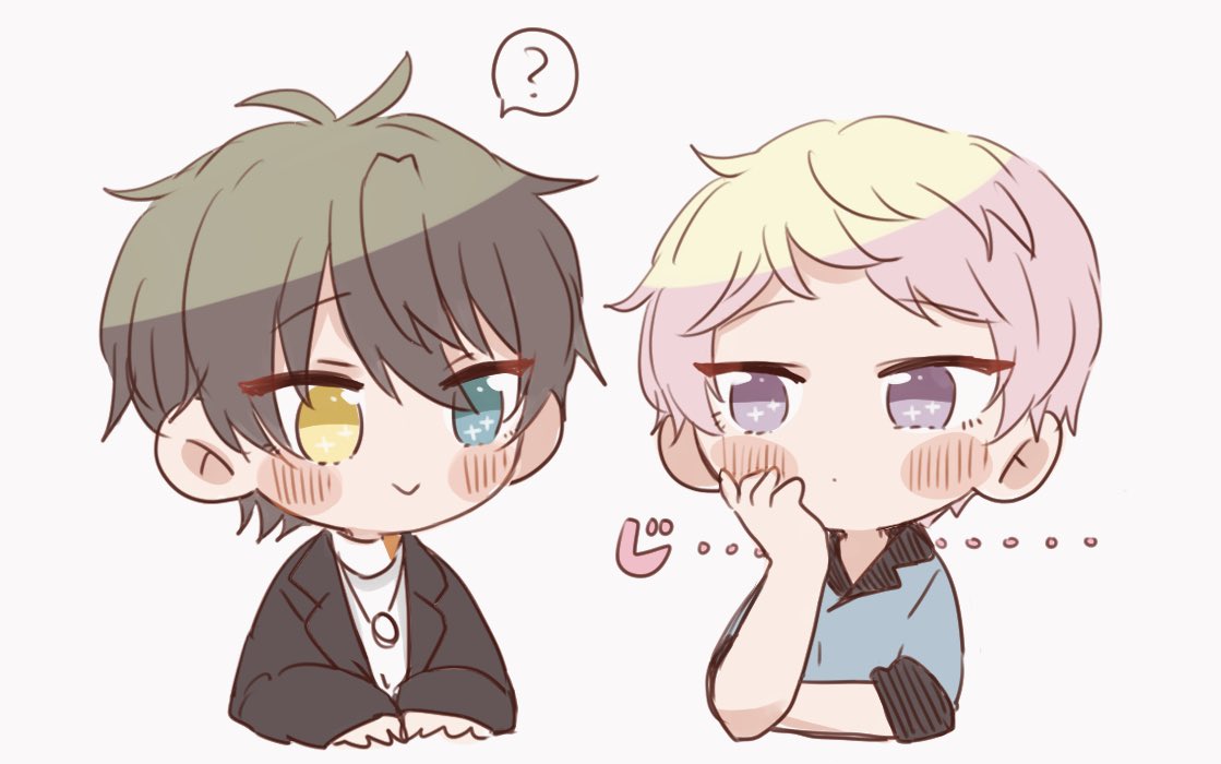 2boys ? black_jacket blue_eyes blush chibi closed_mouth commentary dot_nose ensemble_stars! enst_rova green_hair grey_background hand_on_own_cheek hand_on_own_face hand_up heterochromia itsuki_shu jacket jewelry kagehira_mika lapels long_sleeves looking_at_another looking_at_viewer male_focus multiple_boys necklace no_pupils notched_lapels open_clothes open_jacket pink_hair ring_necklace short_bangs short_hair simple_background sleeves_past_elbows smile spoken_question_mark star_(symbol) star_in_eye symbol_in_eye turtleneck upper_body valkyrie_(ensemble_stars!) violet_eyes white_background yellow_eyes