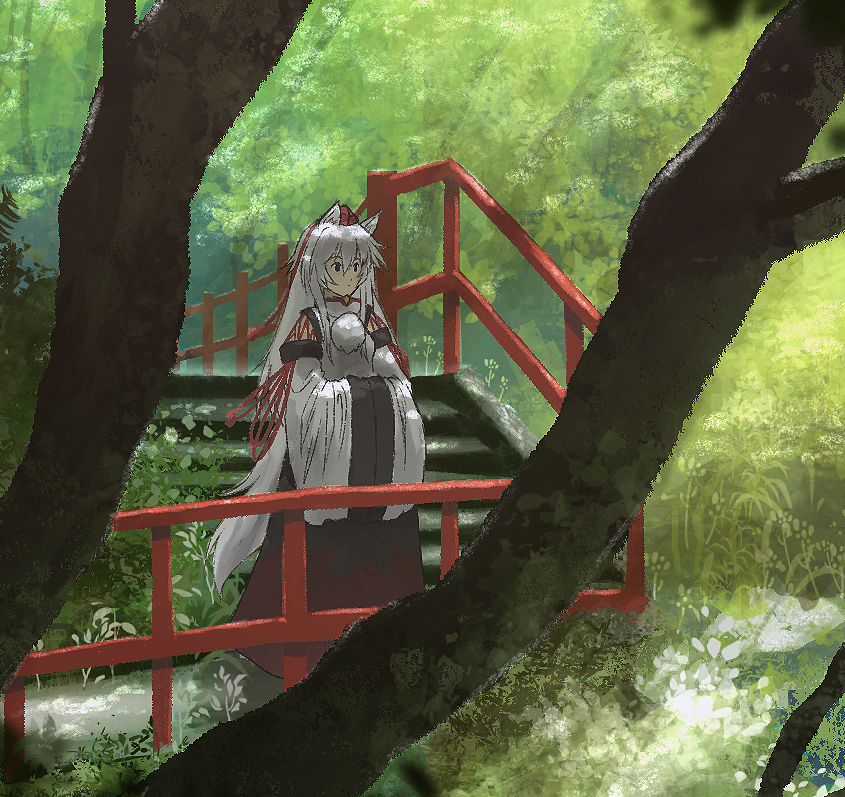 1girl animal_ears black_skirt branch detached_sleeves expressionless fence grey_hair hands_in_opposite_sleeves hat inubashiri_momiji long_hair long_skirt looking_ahead multicolored_clothes multicolored_skirt nature oubachiago outdoors pom_pom_(clothes) procreate_(medium) red_headwear red_skirt shirt skirt sleeveless sleeveless_shirt solo standing tail tokin_hat touhou turtleneck white_shirt wide_sleeves wolf_ears wolf_tail wooden_fence