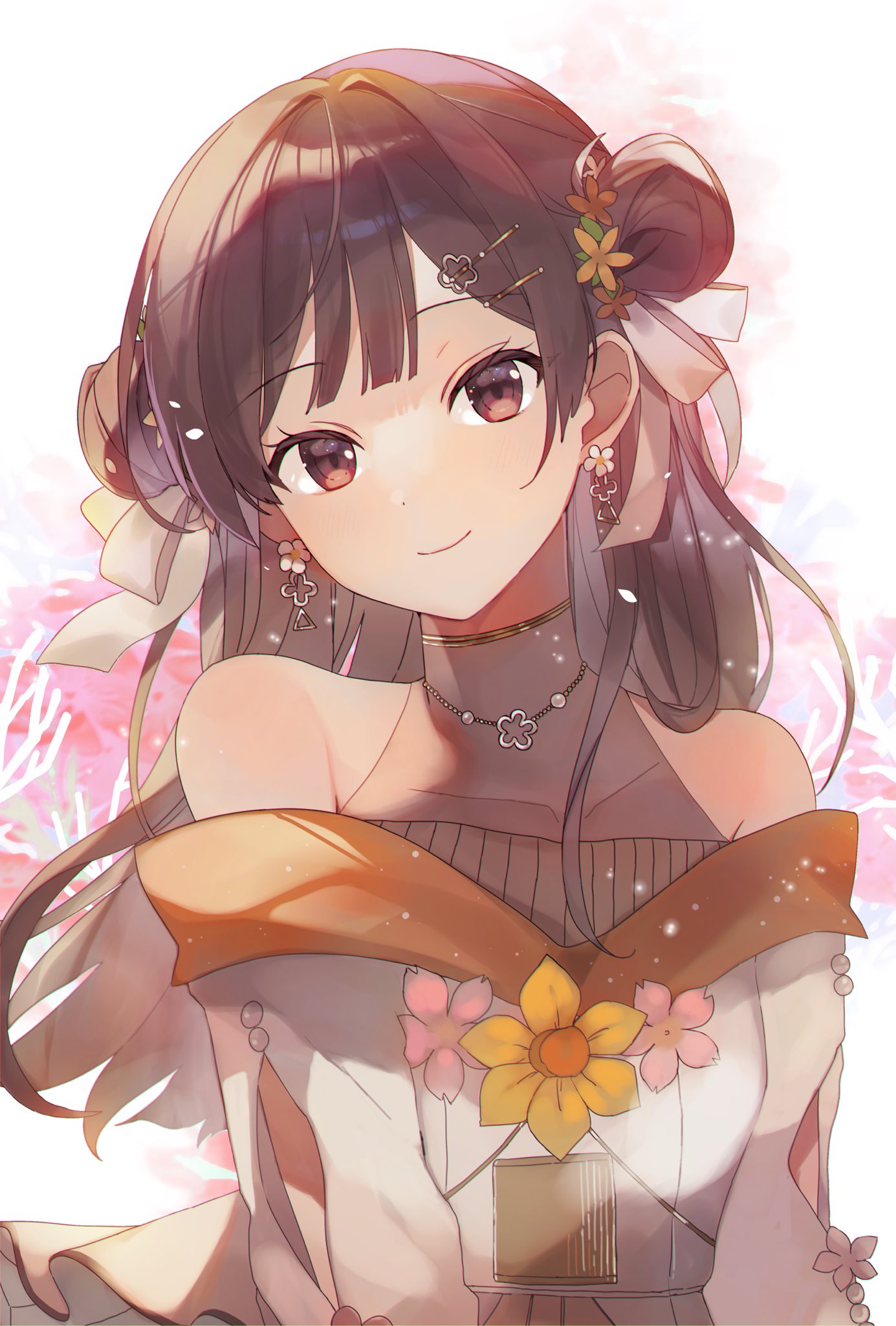 1girl brown_eyes brown_hair collarbone commentary dot_nose double_bun earrings flower flower_earrings hair_bun hair_flower hair_ornament hair_ribbon highres jewelry long_hair looking_at_viewer necklace pink_flower project_sekai ribbon sano_(ekk_fy) shinonome_ena smile solo upper_body yellow_flower