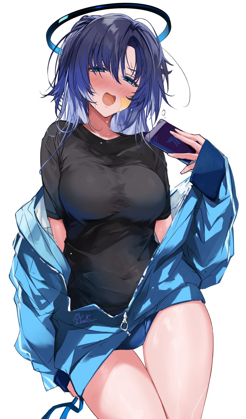 1girl black_shirt blue_archive blue_buruma blue_jacket blush breasts buruma commentary flying_sweatdrops gym_uniform halo highres hirai_yuzuki jacket jacket_partially_removed large_breasts looking_at_viewer navel official_alternate_costume partially_unzipped ponytail purple_hair shirt signature simple_background solo star_sticker sticker sticker_on_face sweat sweatdrop symbol-only_commentary t-shirt thighs track_jacket white_background yuuka_(blue_archive) yuuka_(track)_(blue_archive)