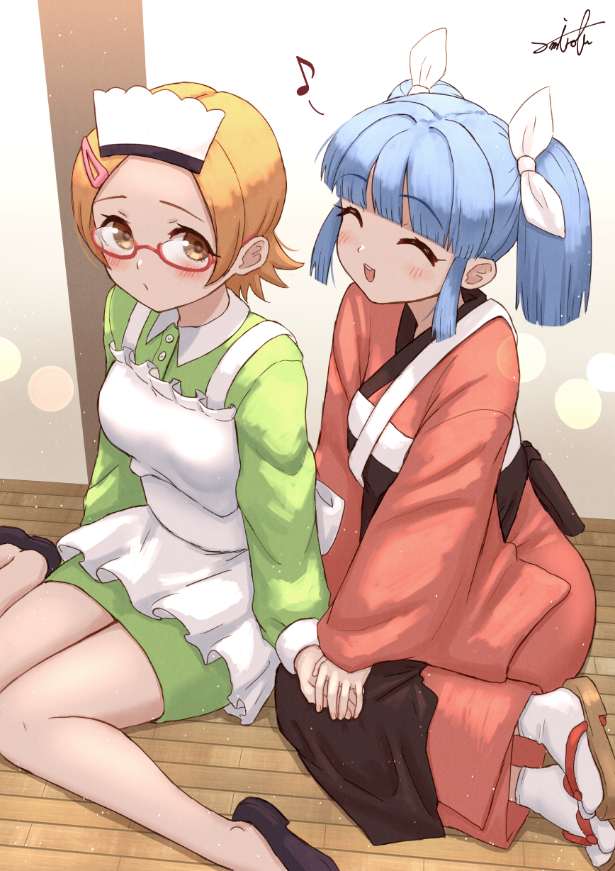 2girls :d ^_^ apron black_apron black_footwear blonde_hair blue_hair blush breasts brown_eyes brown_footwear brown_kimono closed_eyes closed_mouth collared_dress commentary_request dress frilled_apron frills green_dress hair_ribbon highres indoors japanese_clothes kimono long_sleeves multiple_girls on_floor pani_poni_dash! parted_bangs puffy_long_sleeves puffy_sleeves ribbon short_hair signature sleeves_past_wrists small_breasts smile socks suzuki_sayaka twintails uehara_miyako umiroku white_apron white_ribbon white_socks wide_sleeves wooden_floor zouri