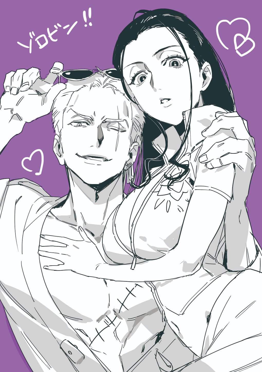 ! !! 1boy 1girl black_hair earrings eyewear_on_head h0h0ti hand_on_another's_arm heart highres jewelry long_hair looking_at_viewer monochrome nico_robin one_eye_closed one_piece open_clothes purple_background roronoa_zoro scar scar_across_eye scar_on_chest short_hair single_earring smile sunglasses teeth