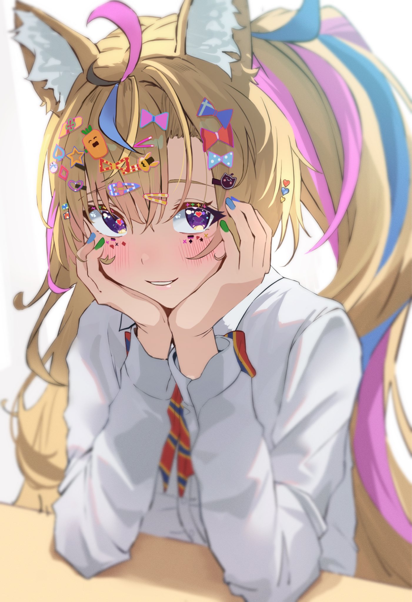 1girl animal_ear_fluff animal_ears asymmetrical_bangs blonde_hair blurry blush bow bowtie collared_shirt depth_of_field desk elbow_rest hair_bow hair_ornament hairclip hands_on_own_cheeks hands_on_own_face head_rest heart heart-shaped_pupils highres hololive long_hair long_sleeves looking_at_viewer multicolored_hair multicolored_nails omaru_polka panda_0035 ponytail shirt smile solo star_(symbol) star_hair_ornament streaked_hair symbol-shaped_pupils upper_body very_long_hair violet_eyes virtual_youtuber white_background white_shirt