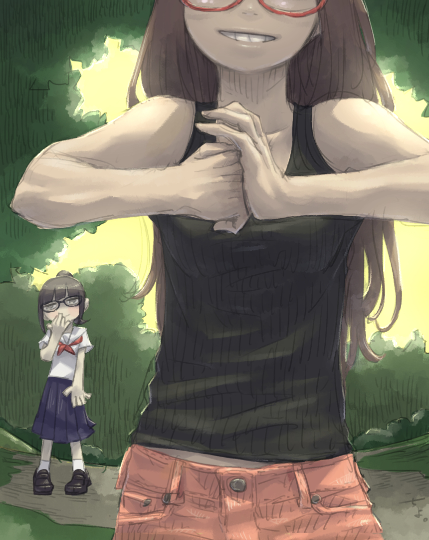 2girls behind_another black_footwear black_tank_top blue_skirt brown_hair chiyo_maru commentary fist_in_hand foliage glasses grey_eyes grin hand_to_own_mouth hands_up hatching_(texture) head_out_of_frame jitome loafers long_hair long_skirt midriff_peek multiple_girls neckerchief original outdoors pants pink_pants pleated_skirt ponytail red_neckerchief ribbed_tank_top sailor_collar school_uniform serafuku shirt shoes short_sleeves siblings sisters skirt smile smug socks tank_top white_sailor_collar white_shirt white_socks