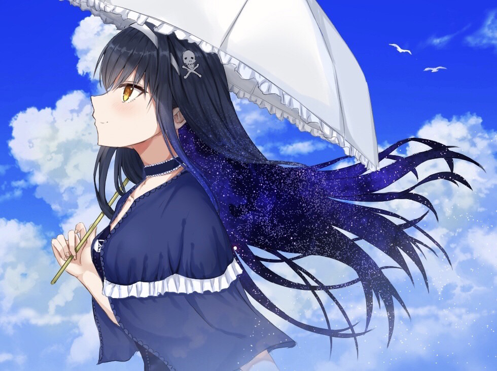 1girl bird black_hair blue_capelet blue_sky blush bone_hair_ornament capelet closed_mouth clouds commentary_request day eyelashes fingernails floating_hair frilled_capelet frills hair_ornament hairband hand_up holding holding_umbrella kushima_kamome long_hair looking_afar outdoors profile seagull sidelocks skull_and_crossbones skull_hair_ornament sky smile solo straight_hair summer_pockets umbrella upper_body user_zdkw4442 very_long_hair white_hairband white_umbrella wind wind_lift yellow_eyes