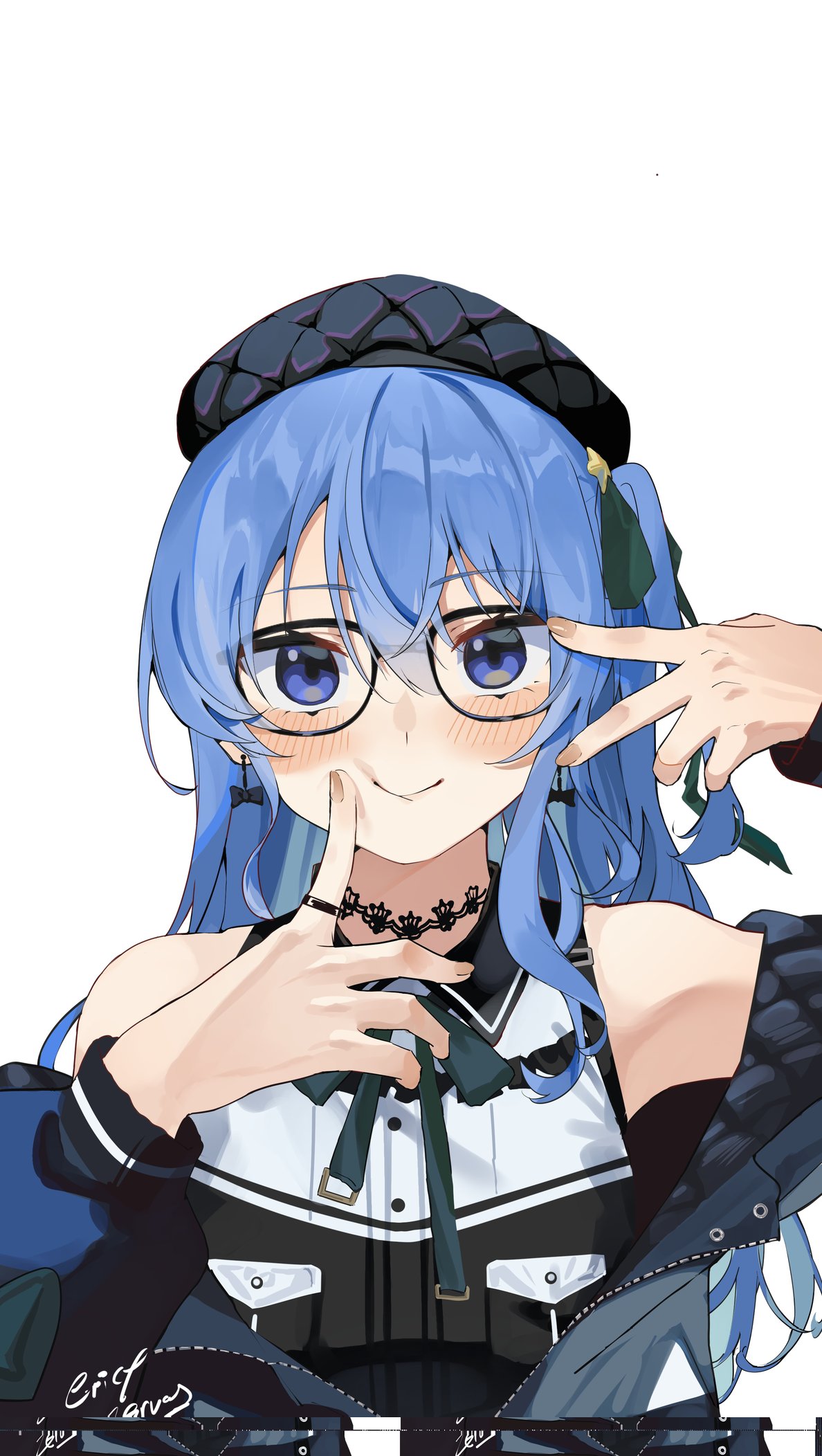 1girl beret black_choker black_dress black_headwear blue_eyes blue_hair blue_jacket blush bow bow_earrings choker closed_mouth collared_dress dress earrings finger_to_face glasses green_ribbon hair_between_eyes hair_ribbon hat highres hololive hoshimachi_suisei hoshimachi_suisei_(3rd_costume) jacket jewelry lace lace_choker long_hair long_sleeves looking_at_viewer mads_ez neck_ribbon one_side_up quilted_headwear ribbon short_dress sleeveless smile solo two-sided_fabric two-sided_jacket upper_body virtual_youtuber