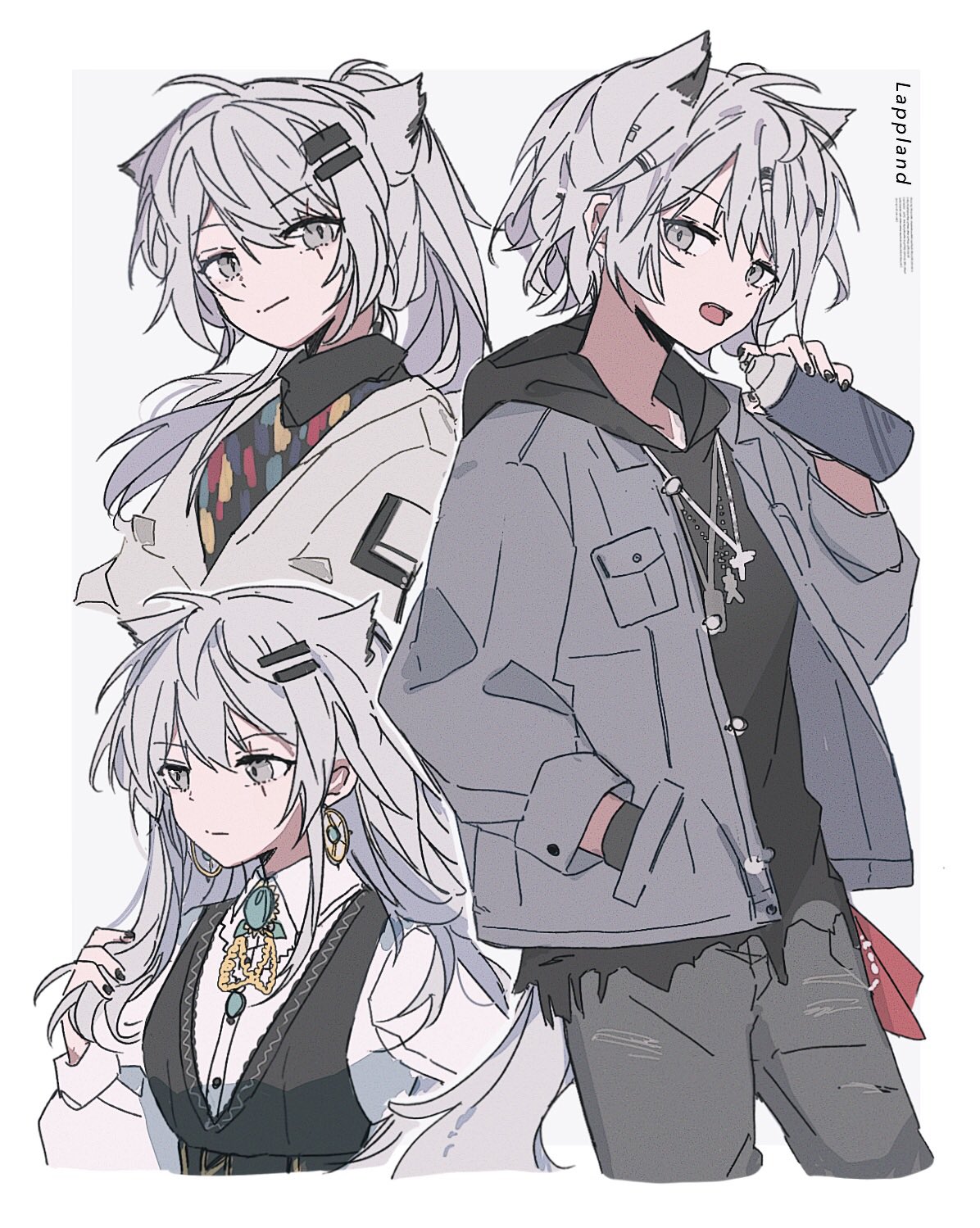 1girl alternate_costume ambience_synesthesia animal_ears arknights black_nails black_pants black_shirt black_vest blue_jacket border bottle character_name collared_shirt earrings extra_ears grey_background grey_eyes grey_hair hair_between_eyes hair_ornament hairclip highres holding holding_bottle hood hood_down jacket jewelry lappland_(arknights) looking_at_viewer multiple_views official_alternate_costume open_clothes open_jacket open_mouth outside_border pants scar scar_across_eye seri_(vyrlw) shirt short_hair simple_background tail tomboy vest water_bottle white_border white_shirt wolf_ears wolf_girl wolf_tail