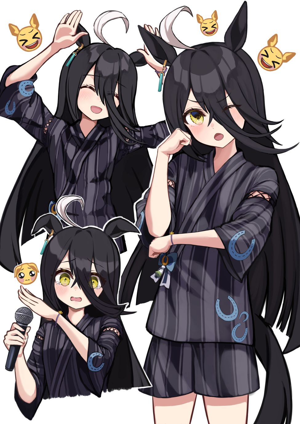 1girl ahoge animal_ears black_hair blush closed_eyes commentary emoji highres holding holding_microphone horse_ears horse_girl horse_tail jinbei_(clothes) kuronosu_(yamada1230) long_hair manhattan_cafe_(umamusume) microphone multiple_views one_eye_closed open_mouth short_sleeves simple_background smile tail tears tracen_ondo_(song) tracen_ondo_outfit_(umamusume) umamusume white_background yellow_eyes
