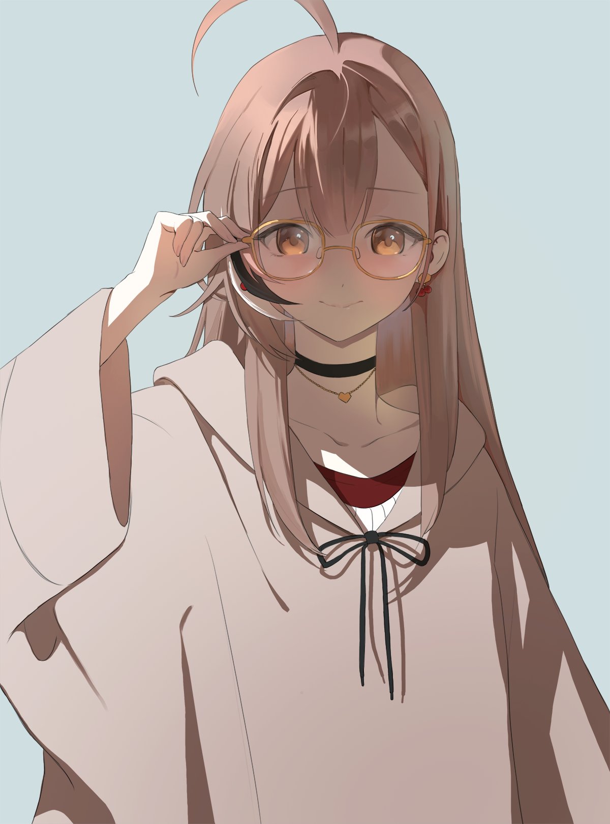 1girl adjusting_eyewear ahoge berry black_choker blue_background brown_eyes brown_hair brown_hoodie choker closed_mouth earrings food-themed_earrings highres hololive hololive_english hood hoodie jewelry long_hair looking_at_viewer multicolored_hair nanashi_mumei nanashi_mumei_(3rd_costume) official_alternate_costume ogye_01 oversized_clothes red_shirt shirt simple_background smile solo streaked_hair sweater virtual_youtuber