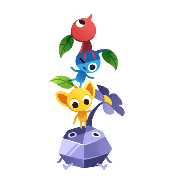 black_eyes black_skin blue_pikmin blue_skin colored_skin creature_tower english_commentary flower leaf leg_up looking_at_another looking_down looking_up nintendo no_humans no_mouth one_eye_closed pikmin_(creature) pikmin_(series) pointy_ears pointy_nose purple_flower red_pikmin red_skin rock rock_pikmin sitting sitting_on_head sitting_on_person standing_on_another's_head stefscribbles straight-on triangle_mouth white_background yellow_pikmin yellow_skin