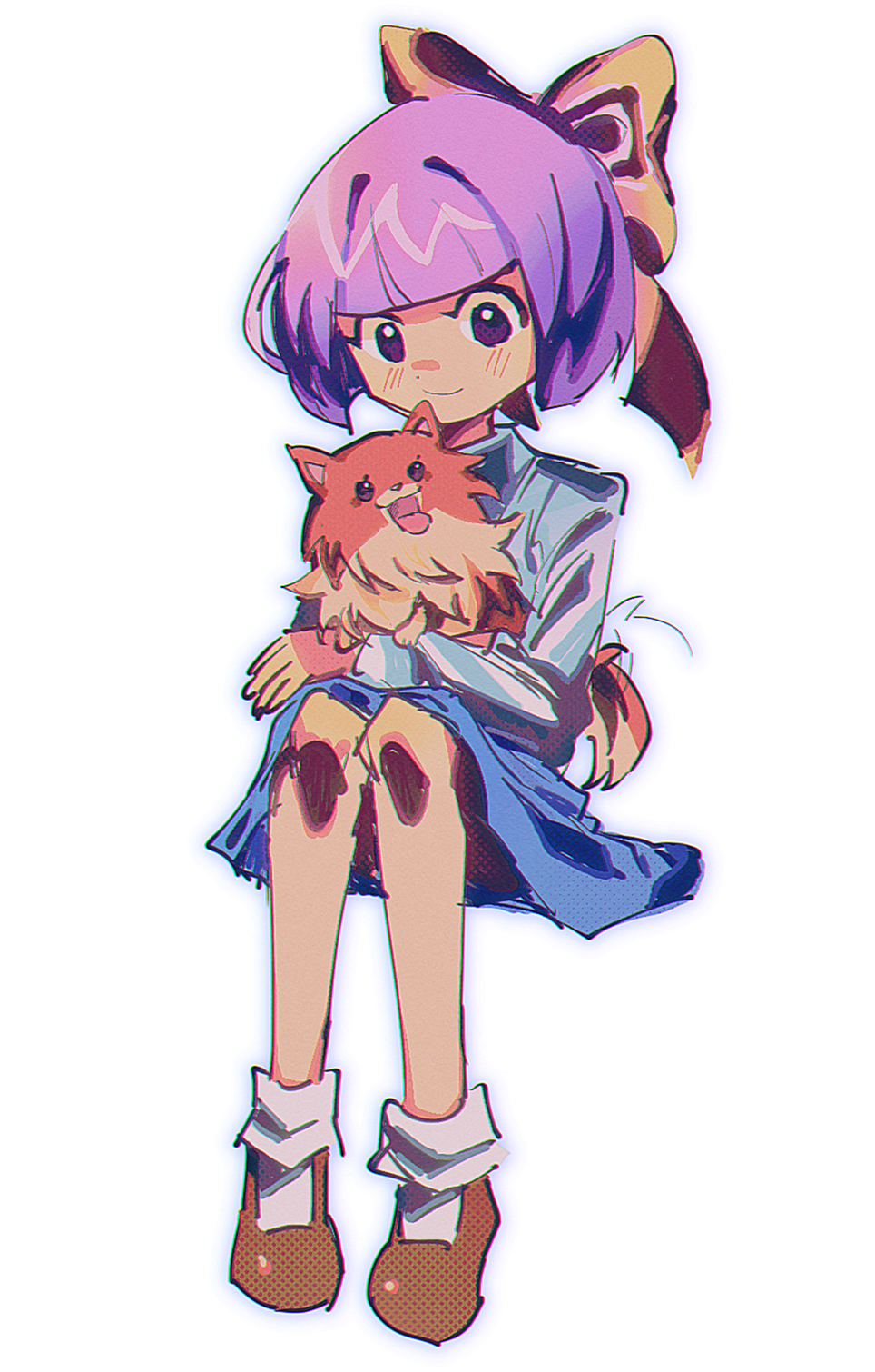 1girl animal_on_lap blue_skirt bow brown_footwear closed_mouth commentary english_commentary full_body ghost_trick hair_bow highres kamila_(ghost_trick) long_sleeves looking_at_animal malan missile_(ghost_trick) on_lap pink_hair pomeranian_(dog) shirt shoes short_hair simple_background sitting skirt smile socks solo violet_eyes white_background white_socks yellow_bow