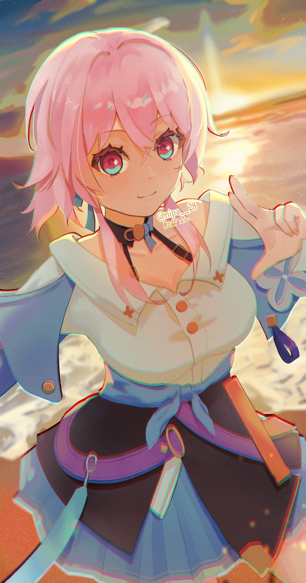 beach black_choker black_corset blue_eyes blue_jacket blue_skirt breasts buttons check_commentary choker chromatic_aberration closed_mouth collarbone commentary_request corset cowboy_shot crossed_bangs earrings flower_ornament hair_between_eyes highres honkai:_star_rail honkai_(series) jacket jewelry light_smile long_sleeves looking_at_viewer march_7th_(honkai:_star_rail) medium_breasts medium_hair miniskirt nipa28 pink_eyes pink_hair pleated_skirt shirt single_earring skirt sunset tied_jacket twitter_username two-tone_eyes w white_shirt