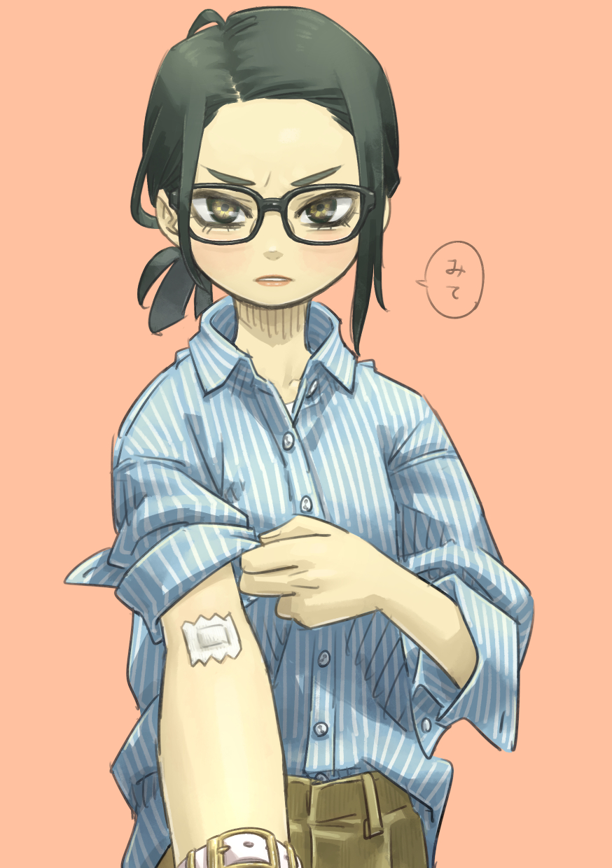 1girl black_hair blue_shirt brown_pants chiyo_maru commentary_request dress_shirt forehead gauze_on_arm glaring highres light_blush light_frown looking_at_viewer low_ponytail orange_background original outstretched_arm pants parted_lips pinstripe_pattern pinstripe_shirt rolling_sleeves_up shirt shirt_partially_tucked_in short_hair short_ponytail simple_background solo speech_bubble striped tsurime unbuttoned_sleeves undershirt upper_body v-shaped_eyebrows watch watch yellow_eyes