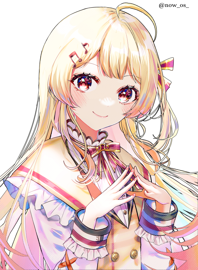 1girl ahoge blonde_hair hair_ornament hololive long_hair musical_note musical_note_hair_ornament otonose_kanade red_eyes red_nails smile sowon steepled_fingers twitter_username virtual_youtuber white_background