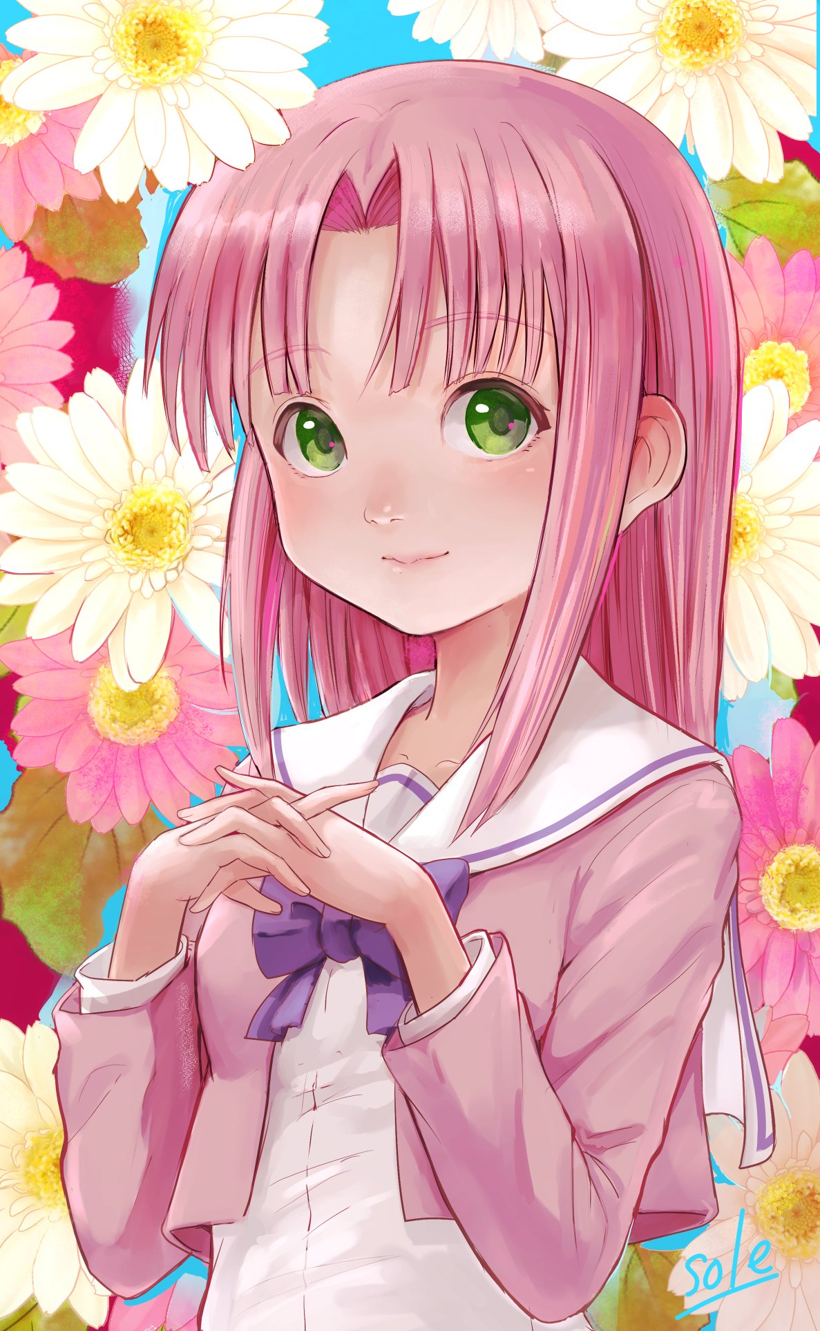 1girl alternate_costume aria artist_name blue_background blush bow bowtie breasts closed_mouth collarbone commentary_request cropped_jacket floral_background flower forehead green_eyes highres jacket long_hair long_sleeves looking_at_viewer mizunashi_akari own_hands_together parted_bangs pink_flower pink_hair pink_jacket purple_bow purple_bowtie sailor_collar school_uniform shirt sidelocks signature small_breasts smile solo telaform upper_body white_flower white_shirt