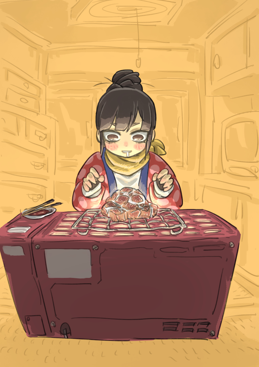 1girl black_hair blush_stickers brown_eyes ceiling_light chiyo_maru chopsticks commentary_request drooling food food_request grin hair_bun hands_up hanten_(clothes) highres indoors long_sleeves looking_down monochrome_background original scarf shirt smile solo straight-on television toaster_oven white_shirt wide-eyed yellow_scarf