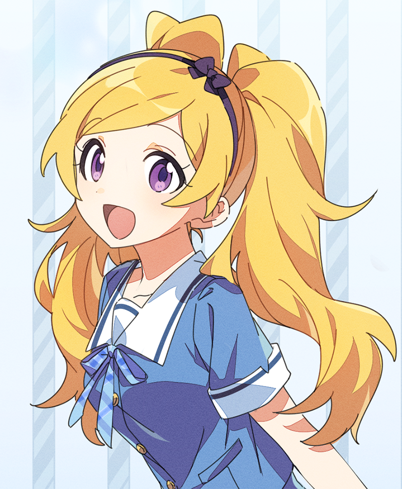1girl ap_bar black_hairband blonde_hair blue_background blue_ribbon blue_sailor_collar blue_shirt blush breasts collarbone dot_nose emily_stewart from_side hairband idolmaster idolmaster_million_live! idolmaster_million_live!_theater_days long_hair looking_at_viewer neck_ribbon open_mouth ribbon sailor_collar shirt short_sleeves small_breasts smile solo striped striped_background striped_ribbon twintails upper_body violet_eyes