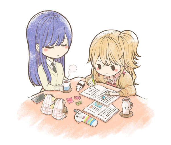 2girls aihara_mei aihara_yuzu blonde_hair blue_hair blush_stickers candy candy_wrapper check_commentary chibi citrus_(saburouta) closed_eyes coaster coffee coffee_mug commentary commentary_request cup eraser food green_necktie long_hair mug multiple_girls necktie notebook o_o pencil saburouta side_ponytail solid_circle_eyes steam step-siblings step-sisters stuffed_animal stuffed_toy sweater teddy_bear