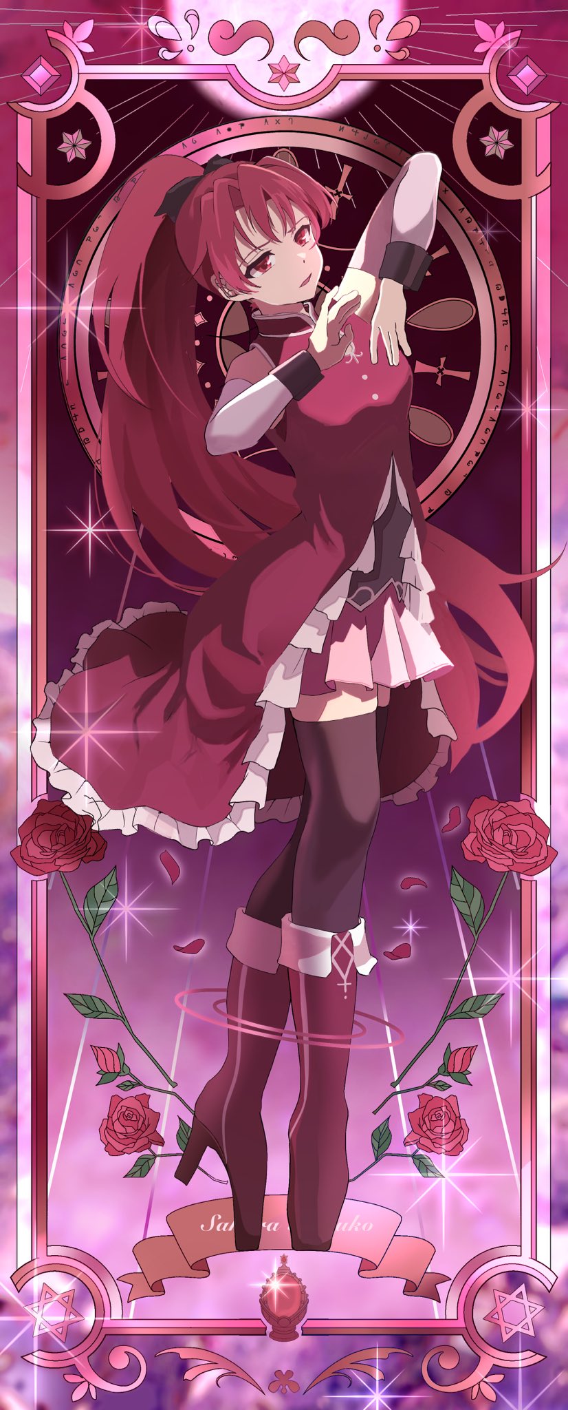 1girl black_ribbon black_thighhighs boots detached_sleeves dress flower framed full_body hair_ribbon hands_up high_heel_boots high_heels high_ponytail highres knee_boots long_hair mahou_shoujo_madoka_magica momonokan09 parted_lips ponytail red_dress red_flower red_footwear red_rose redhead ribbon rose sakura_kyoko sleeveless sleeveless_dress solo standing thigh-highs tiptoes very_long_hair white_sleeves zettai_ryouiki