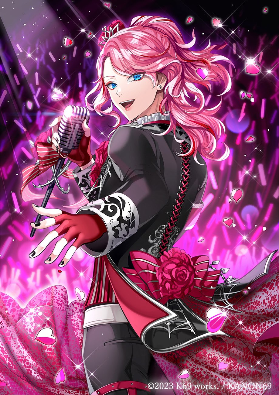 1boy :d back_bow black_jacket black_nails black_pants blue_eyes bow copyright cowboy_shot cross-laced_clothes earrings eyeshadow falling_petals fingerless_gloves flower frilled_shirt_collar frills gloves glowstick half_updo hanayura_kanon highres holding holding_microphone idol indie_virtual_youtuber jacket jewelry lipstick long_hair looking_at_viewer looking_back makeup male_focus matsurika_youko microphone official_art pants petals pink_bow pink_eyeshadow pink_flower pink_hair pink_rose red_gloves rose sleeve_cuffs smile solo sparkle standing stud_earrings swept_bangs vintage_microphone virtual_youtuber waist_cape