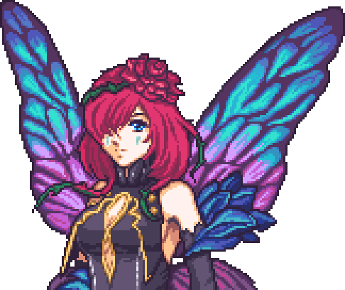 bare_shoulders blue_eyes breasts commission facing_viewer fairy fairy_wings fire_emblem fire_emblem_heroes flower hair_flower hair_ornament hair_over_one_eye looking_at_viewer lowres lunar_dignity medium_breasts purple_hair second-party_source sprite_art triandra_(fire_emblem) upper_body wings