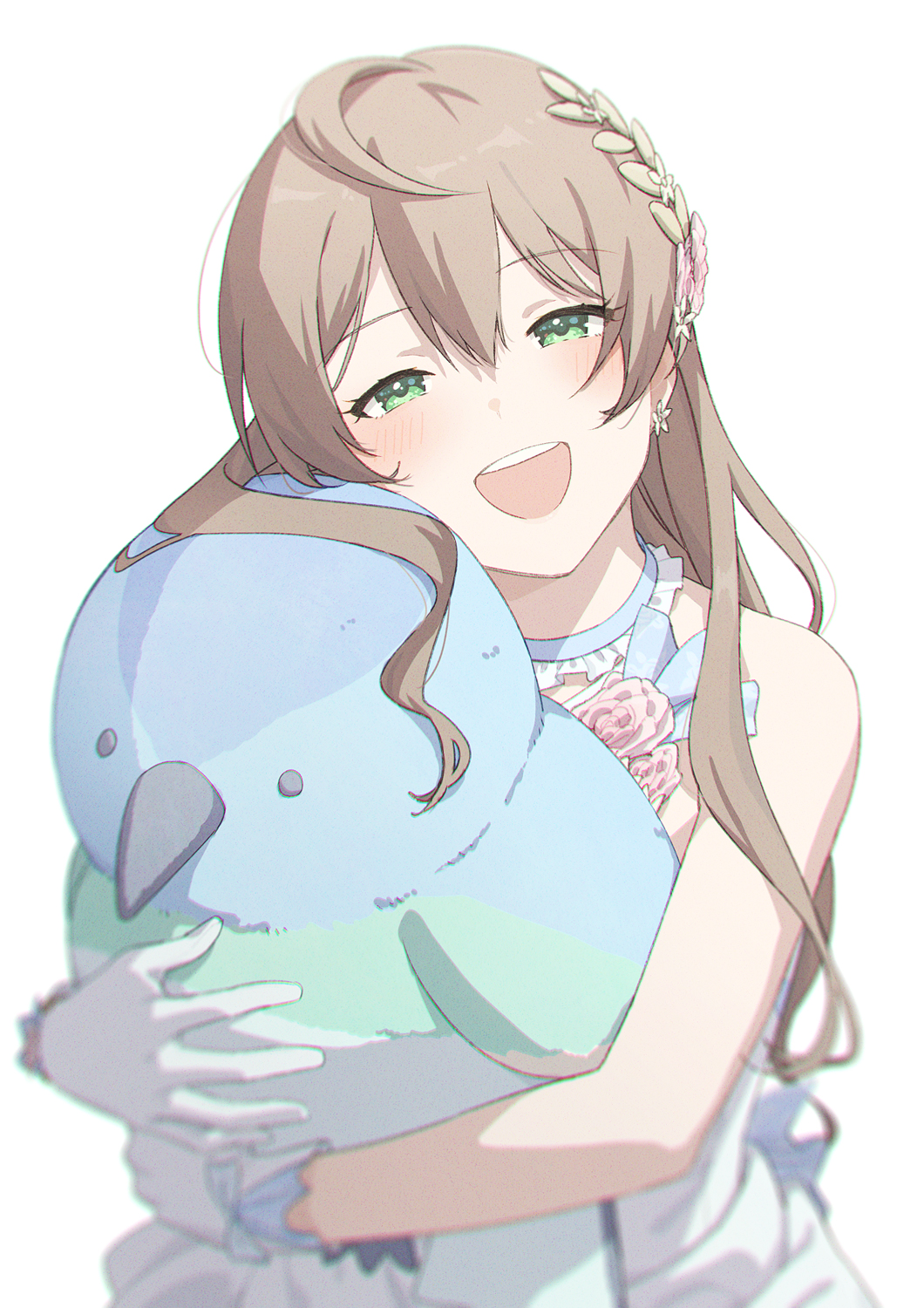 1girl ahoge alternate_hairstyle bare_shoulders blurry blush breasts brown_hair corsage depth_of_field dot_nose dress earrings flower_earrings gloves green_eyes hair_between_eyes hair_ornament hands_up highres holding holding_stuffed_toy idolmaster idolmaster_million_live! idolmaster_million_live!_theater_days jewelry large_breasts light_brown_hair looking_at_viewer mishio open_mouth sakuramori_kaori simple_background smile solo strapless strapless_dress stuffed_animal stuffed_bird stuffed_toy teeth upper_body upper_teeth_only white_background white_dress white_gloves