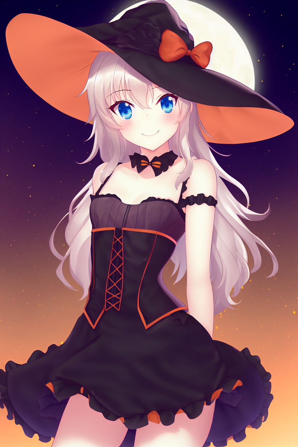 1girl alternate_costume arm_at_side bare_shoulders black_collar black_dress black_headwear blue_eyes blush bow bowtie breasts charlotte_(anime) closed_mouth collar collarbone commentary cowboy_shot curvy dress english_commentary eyelashes eyes_visible_through_hair frilled_dress frills full_moon gradient_background grey_hair hair_between_eyes halloween happy hat hat_bow highres long_hair looking_at_viewer moon night orange_background orange_bow orange_bowtie purple_background short_dress sidelocks simple_background sleeveless sleeveless_dress small_breasts smile standing tomori_nao tomorinaosuki wavy_hair witch_hat