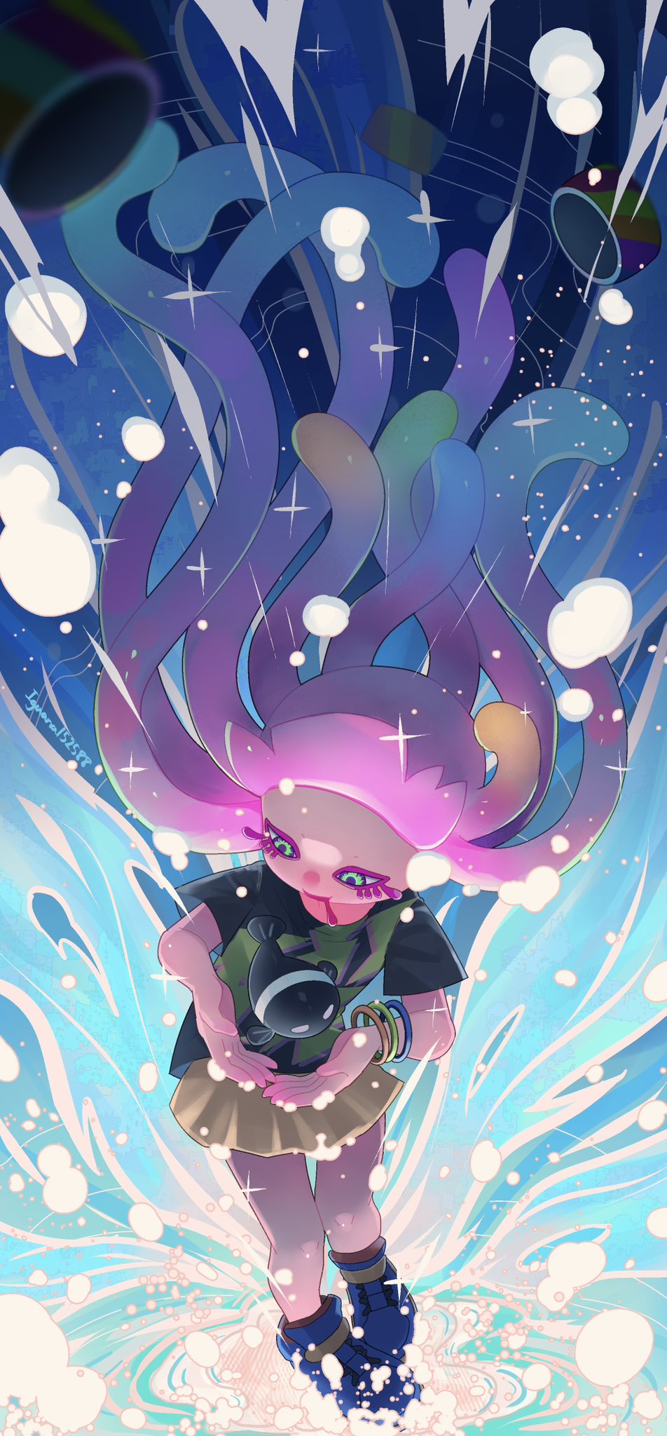 1girl artist_name black_shirt blue_background blue_footwear blue_hair blurry blurry_foreground blush bracelet colored_eyelashes commentary_request drooling eyelashes fish floating_hair full_body gradient_hair green_eyes green_hair harmony's_clownfish_(splatoon) harmony_(splatoon) highres iguana152588 jewelry long_hair miniskirt multicolored_hair open_mouth pink_hair pleated_skirt print_shirt shirt shoes short_sleeves skirt smile sneakers solo sparkle splatoon_(series) splatoon_3 standing t-shirt tentacle_hair very_long_hair water yellow_skirt