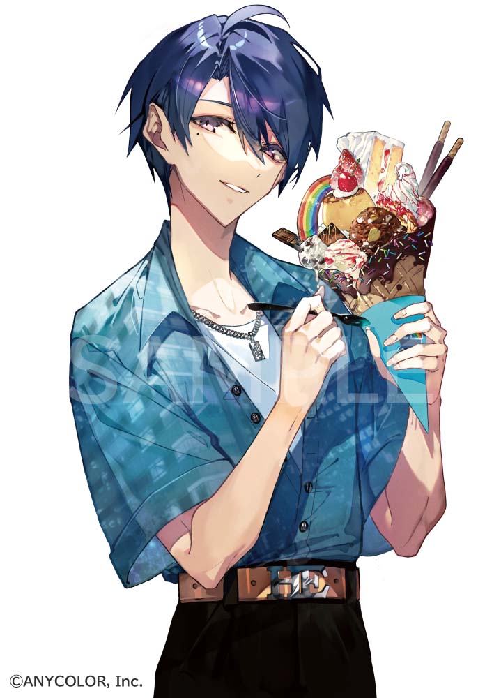 1boy belt belt_buckle black_pants blue_hair blue_jacket brown_belt buckle cake cake_slice chain_necklace cherry chocolate copyright cowboy_shot dark_blue_hair food fruit hair_between_eyes harusaki_air holding holding_food holding_ice_cream holding_spoon ice_cream ice_cream_cone jacket jewelry looking_at_viewer mole mole_under_eye mura_karuki necklace nijisanji official_art pants parted_lips partially_unbuttoned pocky pudding sample_watermark shirt short_hair short_sleeves simple_background smile solo spoon sprinkles strawberry strawberry_shortcake violet_eyes virtual_youtuber whipped_cream white_background white_shirt