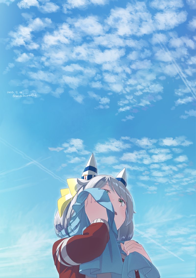 1girl animal_ears clouds contrapposto dated day ear_covers green_eyes grey_hair hands_up hishi_miracle_(umamusume) holding holding_towel horse_ears jacket long_sleeves looking_up open_mouth outdoors red_jacket short_hair sky solo standing sweat takuzui towel towel_around_neck track_jacket twitter_username umamusume upper_body wiping_sweat