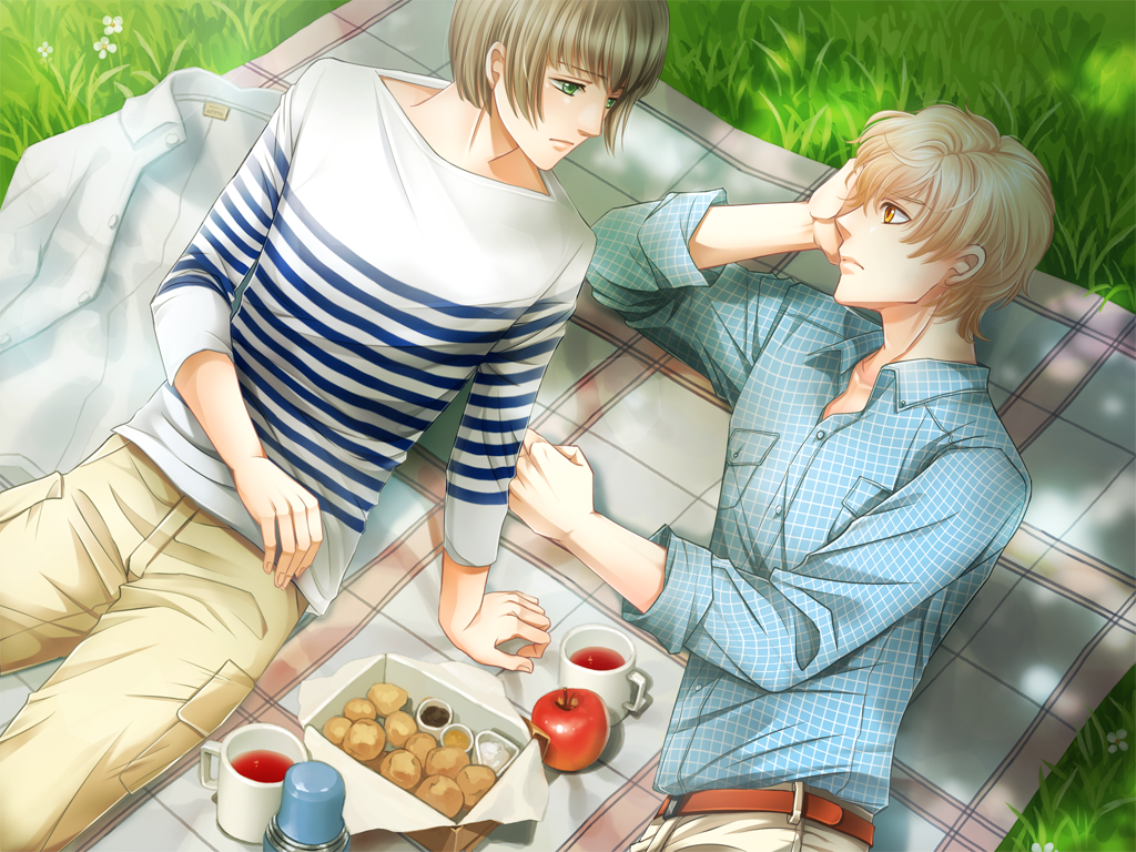 2boys amber_eyes apple belt belt_buckle blonde_hair brown_hair cecil_coward duo eyebrows eyebrows_visible_through_hair flower food game_cg grass green_eyes highres looking_at_another male male_only michael_levi mug natsumi_kai non-web_source outdoors outside pants picnic plaid plaid_shirt plastic_cup shingakkou shirt short_hair striped_shirt white_flower