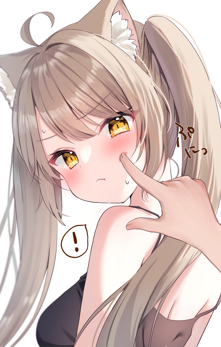 ! 1girl :t ahoge animal_ear_fluff animal_ears black_camisole blurry blush breasts camisole cat_ears cat_girl cheek_poking closed_mouth commentary_request depth_of_field furrowed_brow hamico highres light_blush light_brown_hair looking_at_viewer looking_back medium_breasts off_shoulder original poking pov pov_hands simple_background slit_pupils solo_focus spaghetti_strap speech_bubble spoken_exclamation_mark sweatdrop twintails upper_body white_background yellow_eyes