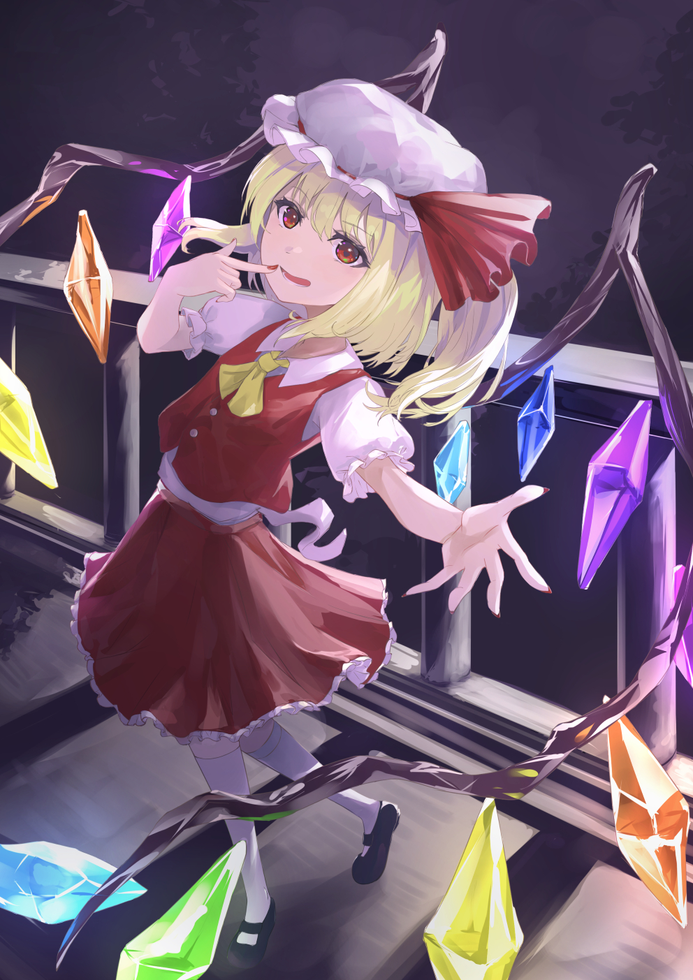1girl balcony blonde_hair crystal finger_to_mouth flandre_scarlet frilled_skirt frilled_sleeves frills hat highres kneehighs mary_janes menotoa mob_cap night ponytail puffy_short_sleeves puffy_sleeves red_eyes red_skirt red_vest shirt shoes short_hair short_sleeves skirt socks touhou vest white_shirt white_socks wings
