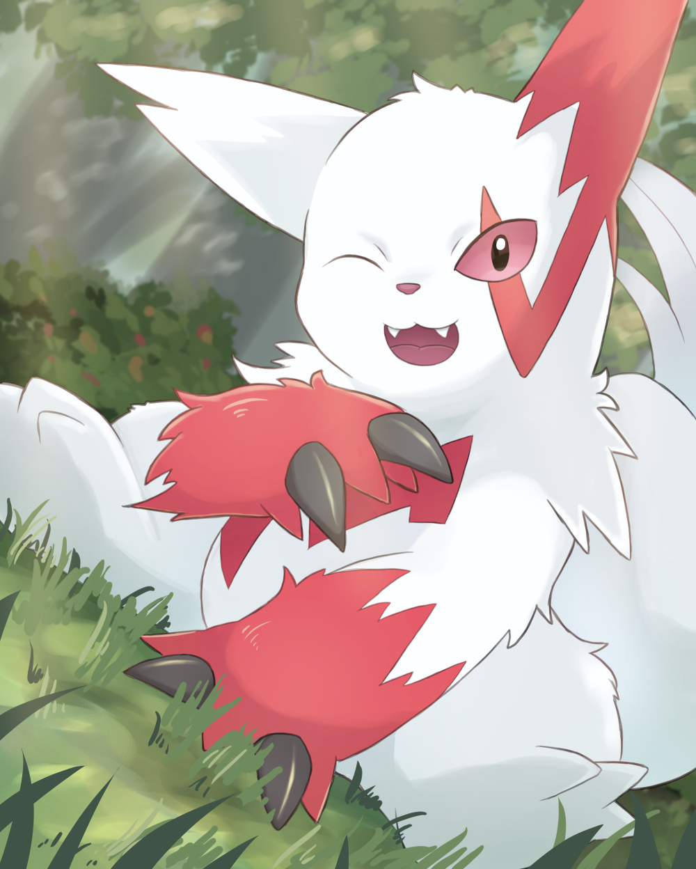 colored_sclera highres looking_at_viewer multicolored_fur on_grass one_eye_closed open_mouth outdoors pokemon pokemon_(creature) red_fur rumine_(yoshi1234567) white_fur zangoose