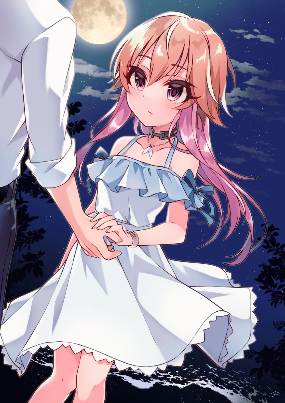 1boy 1girl belt black_belt black_choker black_pants blue_ribbon choker collarbone commentary_request dot_nose dress flat_chest frilled_dress frills full_moon hair_between_eyes highres holding_hands idolmaster idolmaster_cinderella_girls jewelry light_brown_hair long_hair looking_at_another moon multicolored_hair necklace night night_sky ninomiya_asuka out_of_frame outdoors pants parted_lips pink_hair producer_(idolmaster) ribbon shirt sidelocks signature sky sleeves_rolled_up star_(sky) starry_sky tree two-tone_hair violet_eyes white_dress white_shirt wind zy_jomi