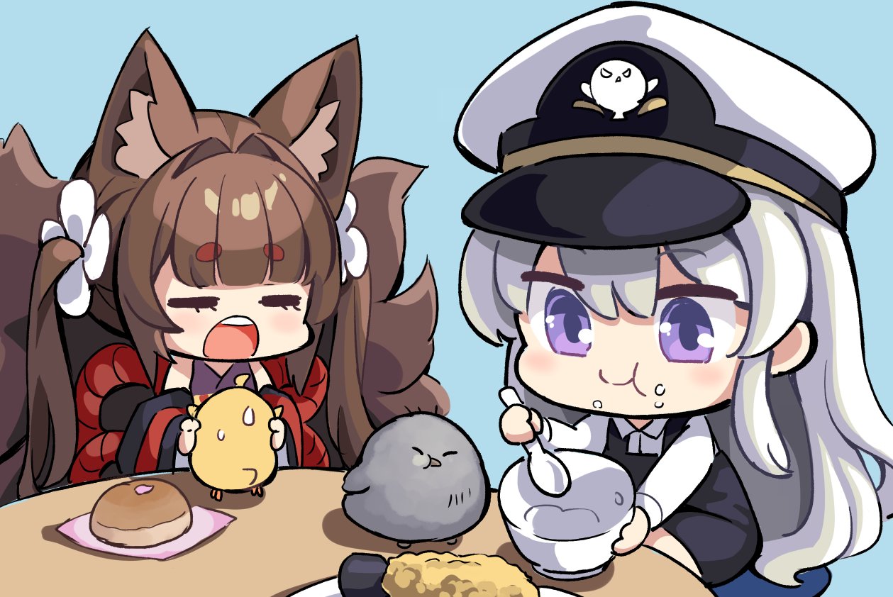 2girls amagi-chan_(azur_lane) animal animal_ear_fluff animal_ears azur_lane bird blunt_bangs bowl brown_hair chick commentary detached_sleeves eating fox_ears fox_girl fox_tail hair_between_eyes hair_ornament hat hm_(hmongt) holding holding_animal holding_bowl holding_spoon japanese_clothes kitsune kyuubi little_enterprise_(azur_lane) long_hair long_sleeves looking_at_another manjuu_(azur_lane) multiple_girls multiple_tails nervous_sweating peaked_cap rope shimenawa sidelocks simple_background spoon sweat symbol-only_commentary table tail thick_eyebrows torpedo_tempura twintails violet_eyes white_hair wide_sleeves