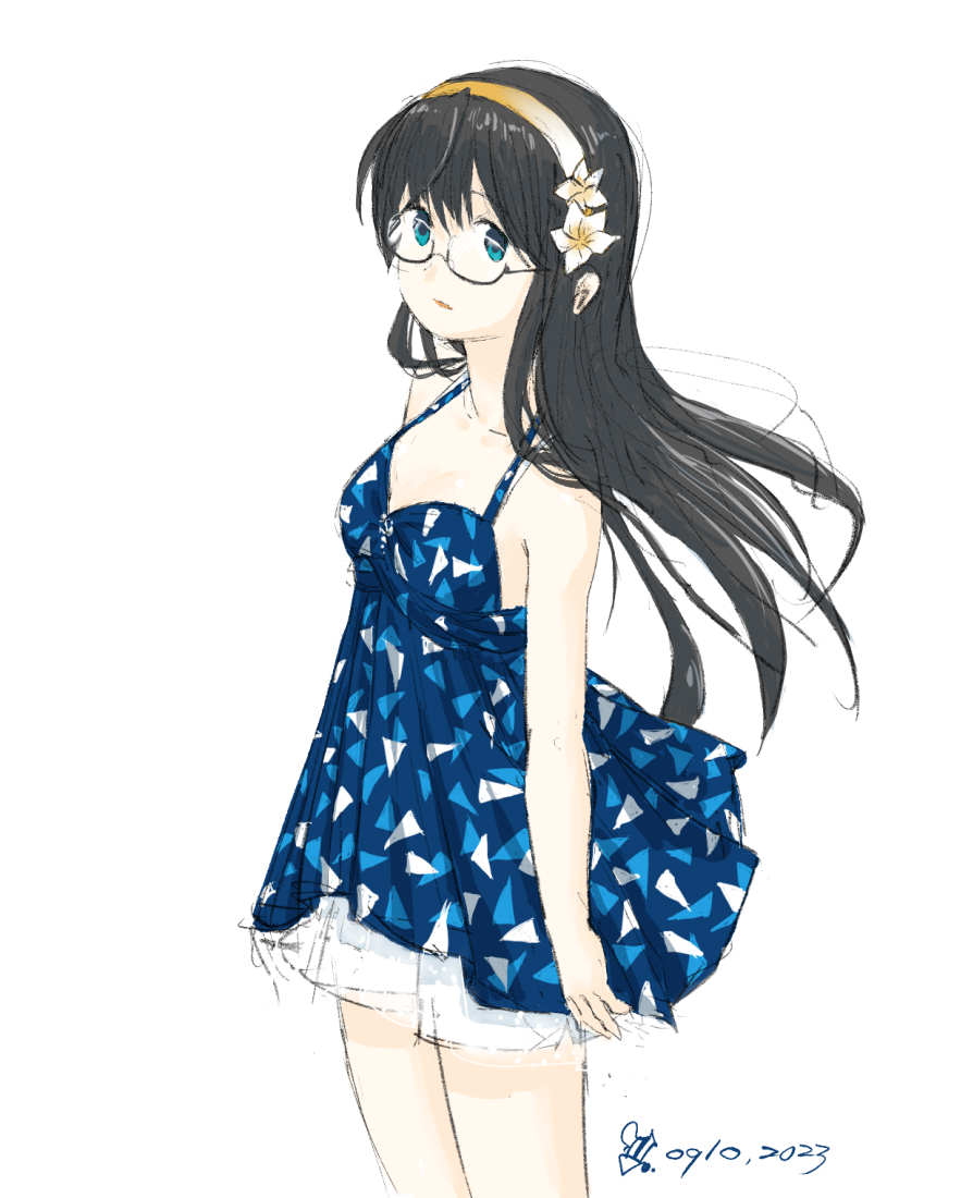1girl artist_logo black_hair blue_dress blue_eyes breasts cowboy_shot curvadosdunas dated dress flower glasses gradient_clothes hair_flower hair_ornament hairband kantai_collection long_hair official_alternate_costume ooyodo_(kancolle) orange_hairband semi-rimless_eyewear shorts_under_dress simple_background small_breasts solo spaghetti_strap sundress triangle_print under-rim_eyewear white_background