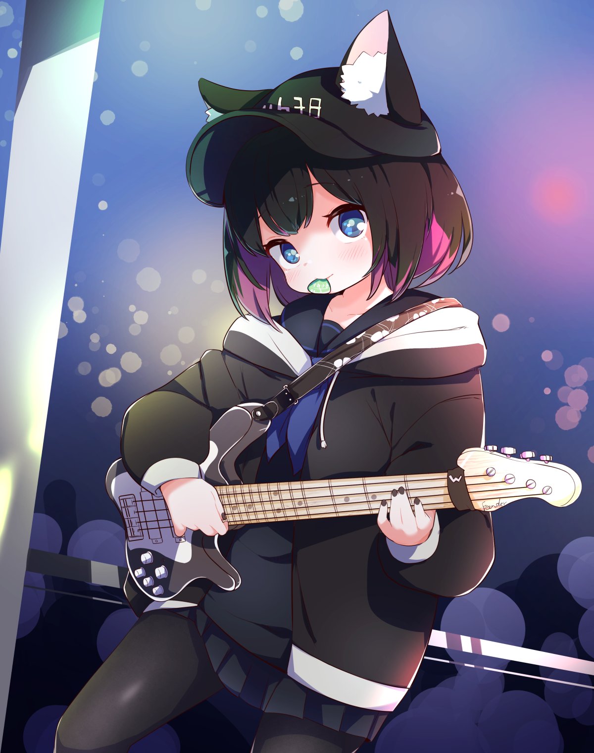 1girl animal_ear_fluff animal_ears baseball_cap black_hair black_headwear black_jacket black_nails black_pantyhose black_sailor_collar black_serafuku black_shirt black_skirt blue_eyes blue_neckerchief closed_mouth commentary_request done_(donezumi) ears_through_headwear electric_guitar feet_out_of_frame guitar hat highres holding holding_instrument hood hood_down hooded_jacket instrument jacket long_sleeves mouth_hold multicolored_hair nail_polish neckerchief open_clothes open_jacket original pantyhose pink_hair plectrum puffy_long_sleeves puffy_sleeves sailor_collar school_uniform serafuku shirt skirt solo two-tone_hair