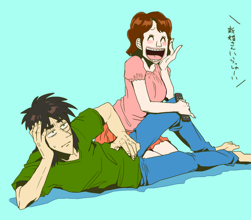 1boy 1girl barefoot black_eyes black_hair blue_background blue_pants blush breasts brown_hair closed_eyes closed_mouth commentary_request controller fingernails fukumoto_nobuyuki_(style) full_body gloom_(expression) green_shirt hand_on_another's_knee head_rest holding holding_remote_control itou_kaiji kaiji long_hair lying medium_bangs medium_breasts official_style on_side open_mouth pants parody pink_shirt pointy_nose remote_control sakazaki_mikoko scar scar_on_cheek scar_on_face shirt short_hair short_sleeves simple_background smile style_parody t_k_g teeth translation_request