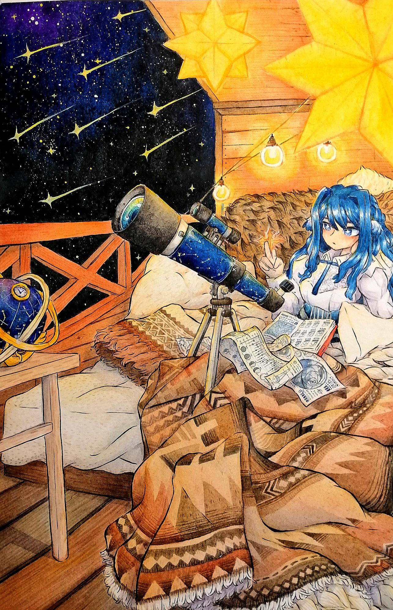 +_+ 1girl arknights astesia_(arknights) bed between_fingers book bright_pupils celestial_globe comet constellation_print dreadthedream expressionless fur_trim head_on_hand highres holding lamp moon_phases night open_book plaid shirt sky small_stellated_dodecahedron solo star_(sky) star_(symbol) star_chart stargazing starry_sky starry_sky_print table telescope traditional_media tripod white_pupils white_shirt wooden_floor wooden_railing wooden_table