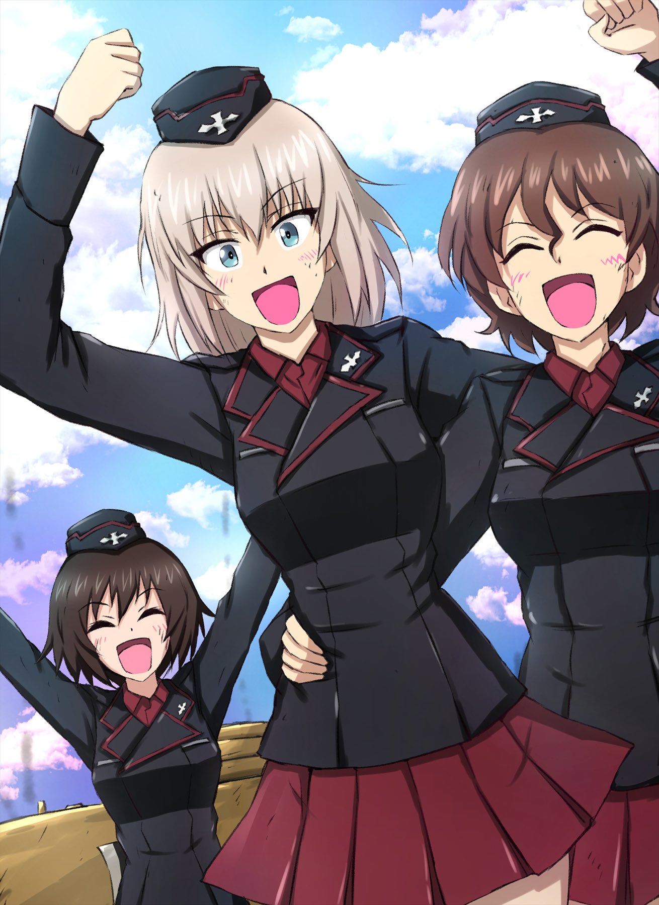 :d akaboshi_koume arm_around_waist arm_up arms_up black_headwear black_jacket blue_eyes blue_sky brown_hair clenched_hand closed_eyes clouds cloudy_sky commentary day dirty dirty_face dress_shirt dutch_angle garrison_cap girls_und_panzer grey_hair hat highres insignia itsumi_erika jacket kuromorimine_military_uniform long_sleeves looking_at_viewer mauko_(girls_und_panzer) medium_hair military_hat military_uniform military_vehicle miniskirt motor_vehicle omachi_(slabco) open_mouth outdoors pleated_skirt red_shirt red_skirt shirt short_hair skirt sky smile standing tank uniform wavy_hair wing_collar