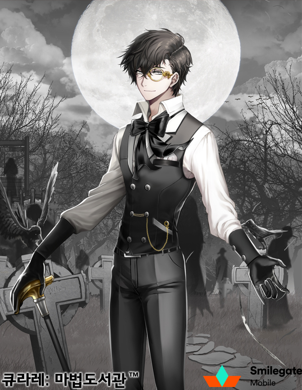 1boy asymmetrical_bangs bare_tree bird black_bow black_bowtie black_gloves black_hair black_pants black_vest bow bowtie buttons cane clouds collared_shirt copyright_name cross crossed_bangs crow digseu_(dix) double-breasted feet_out_of_frame full_moon gloves graveyard grey_eyes grey_sky hair_between_eyes holding holding_cane latin_cross light_smile long_sleeves looking_at_viewer male_focus monocle moon official_art pants pavement pocket_square qurare_magic_library shirt short_hair sky solo standing tombstone tree vest well white_shirt