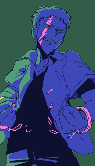 1boy broken_handcuffs buraiden_gai chain clenched_hands clenched_teeth collared_shirt commentary_request cuffs fukumoto_nobuyuki_(style) green_background handcuffs kudou_gai limited_palette looking_afar looking_to_the_side male_focus official_style open_clothes open_shirt parody pointy_nose scar scar_across_eye shirt short_bangs short_hair short_sleeves simple_background solo style_parody t_k_g teeth undershirt upper_body v-shaped_eyebrows
