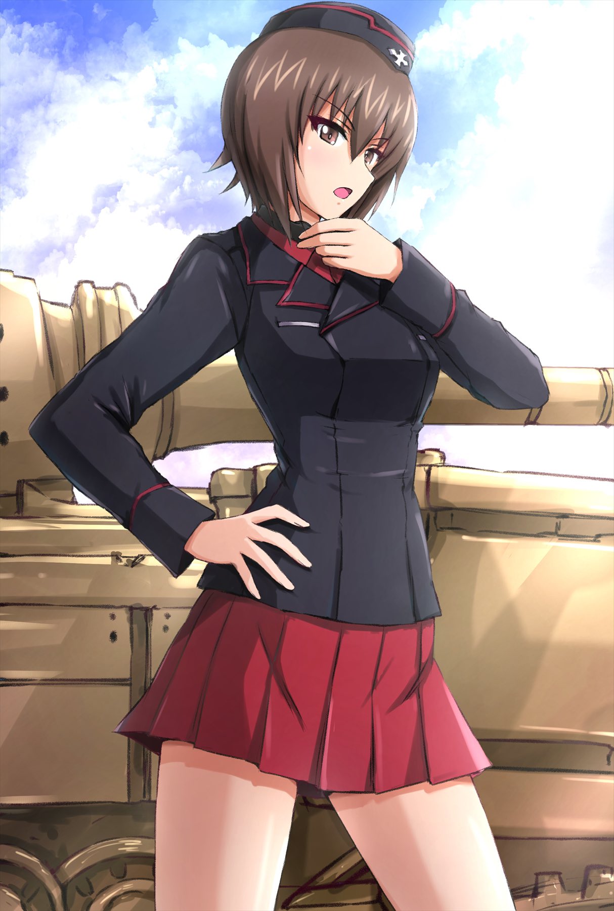 1girl black_headwear black_jacket blue_sky brown_eyes brown_hair clouds cloudy_sky commentary cowboy_shot day dress_shirt frown garrison_cap girls_und_panzer hand_on_own_hip hand_on_own_throat hat highres insignia jacket kuromorimine_military_uniform long_sleeves looking_at_viewer military_hat military_uniform military_vehicle miniskirt motor_vehicle nishizumi_maho omachi_(slabco) open_mouth outdoors pleated_skirt red_shirt red_skirt shirt short_hair skirt sky solo standing tank throat_microphone tiger_i uniform wing_collar