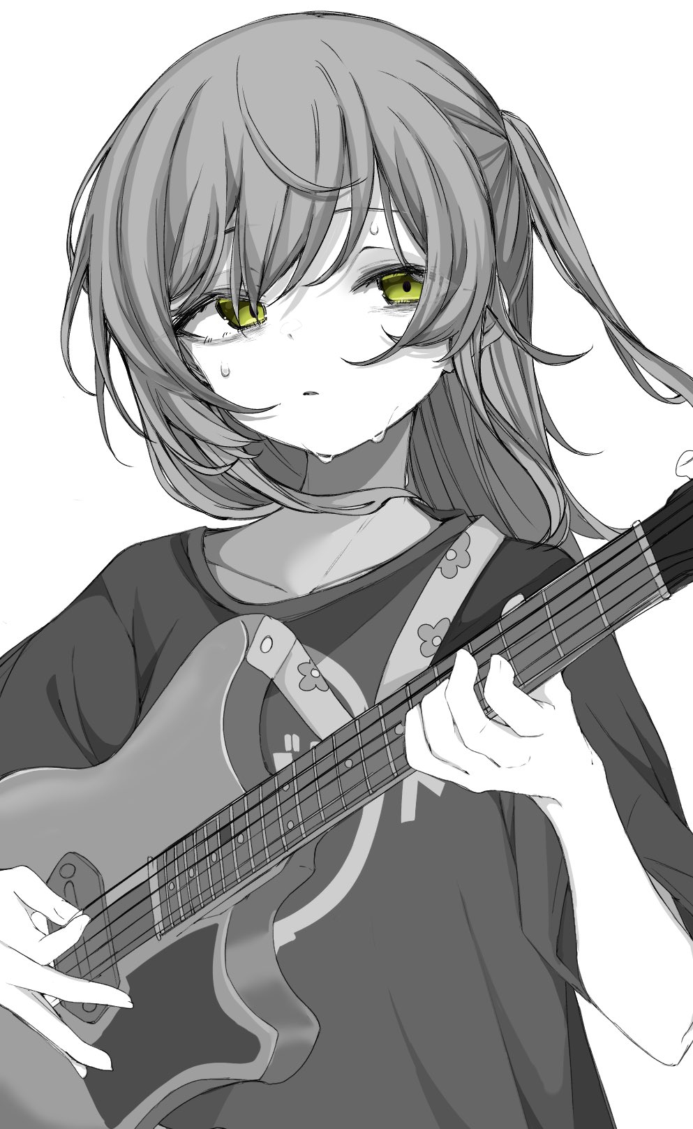 1girl black_shirt bocchi_the_rock! collarbone commentary expressionless green_eyes grey_background greyscale highres holding holding_instrument holding_plectrum instrument kita_ikuyo looking_at_viewer medium_hair monochrome mushoku_loli music one_side_up playing_guitar playing_instrument plectrum print_shirt shirt short_sleeves simple_background sweat sweatdrop upper_body