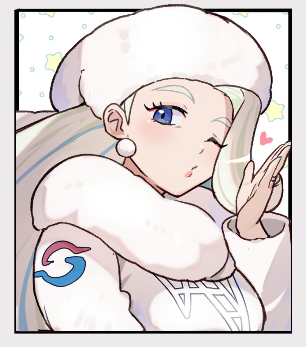 1girl breasts earrings fur_collar fur_hat hat hsin jewelry long_hair long_sleeves mature_female melony_(pokemon) multicolored_hair one_eye_closed pearl_earrings pokemon pokemon_(game) pokemon_swsh ring scarf solo streaked_hair sweater ushanka wedding_ring white_scarf white_sweater