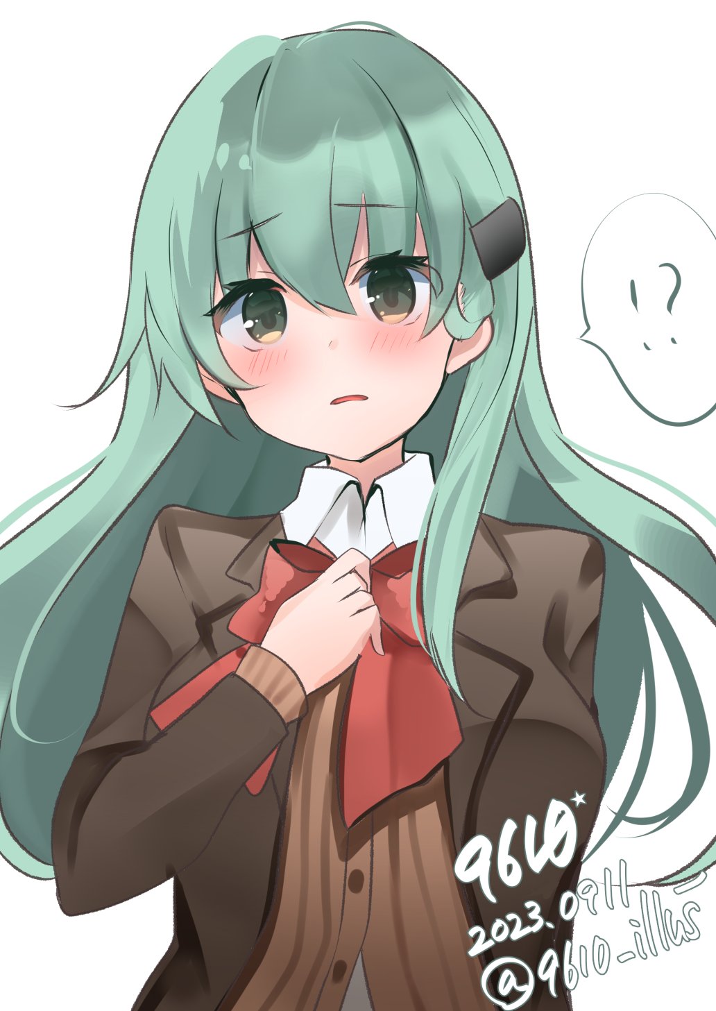 !? 1girl aqua_hair artist_name blazer bow bowtie brown_cardigan brown_jacket cardigan dated eiji_(monochromexd) green_eyes hair_ornament hairclip highres jacket kantai_collection long_hair looking_at_viewer one-hour_drawing_challenge red_bow red_bowtie school_uniform simple_background solo spoken_interrobang suzuya_(kancolle) suzuya_kai_ni_(kancolle) upper_body white_background
