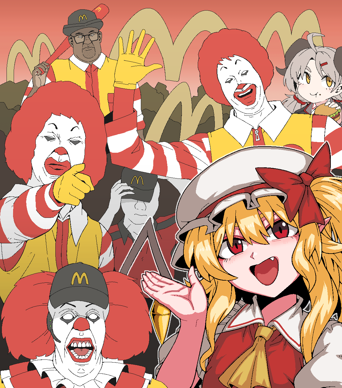 2girls 5boys ahoge ascot big_smoke blonde_hair blue_archive blush brown_eyes burger closed_mouth collared_shirt crossover eating fang flandre_scarlet food food_on_face formicid frilled_shirt_collar frills grand_theft_auto grand_theft_auto:_san_andreas hair_ornament hairclip hat highres holding holding_food horns it_(stephen_king) izumi_(blue_archive) light_brown_hair long_hair mcdonald's mob_cap multiple_boys multiple_crossover multiple_girls one_side_up open_mouth pennywise pointing pointy_ears red_eyes red_vest ronald_mcdonald shirt short_sleeves smile touhou twintails vest white_headwear white_shirt wojak yellow_ascot