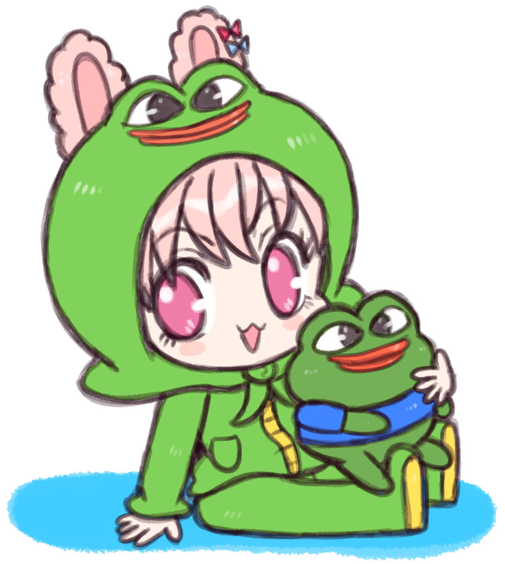 1girl animal_costume animal_ears boy's_club frog frog_costume looking_at_viewer nodonmai on_ground pepe_the_frog phase_connect pink_eyes pink_hair pipkin_pippa rabbit_ears rabbit_girl sitting solo virtual_youtuber